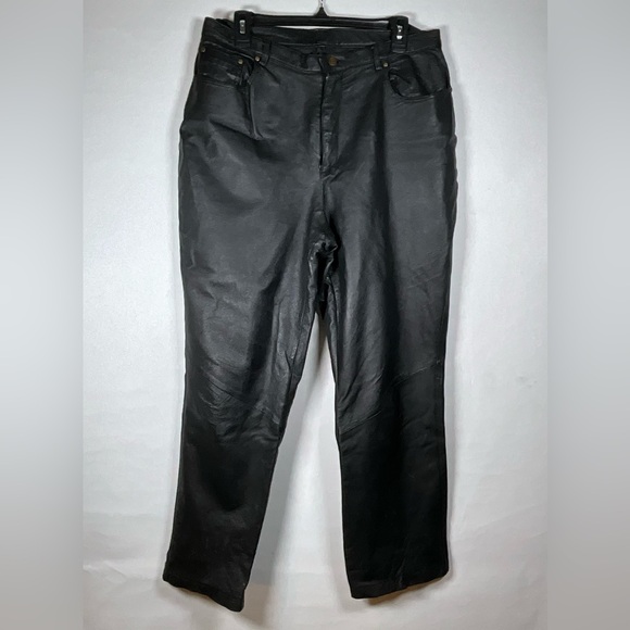 KC Designs Womens Leather Pants size 14 Black High Waist Straight 90s - Picture 1 of 6